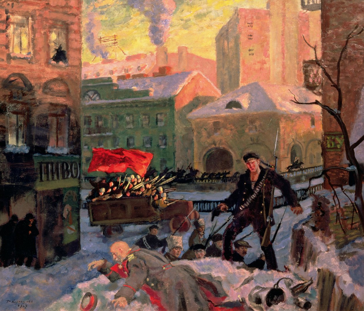 Oktober 1917 in Petrograd door Boris Mikhailovich Kustodiev