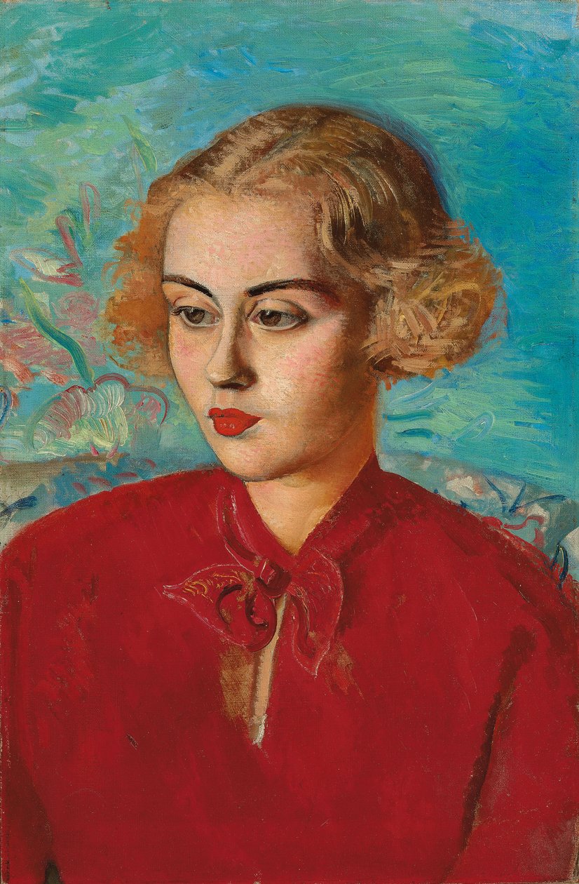 Vrouw in Rood door Boris Dmitrievich Grigoriev