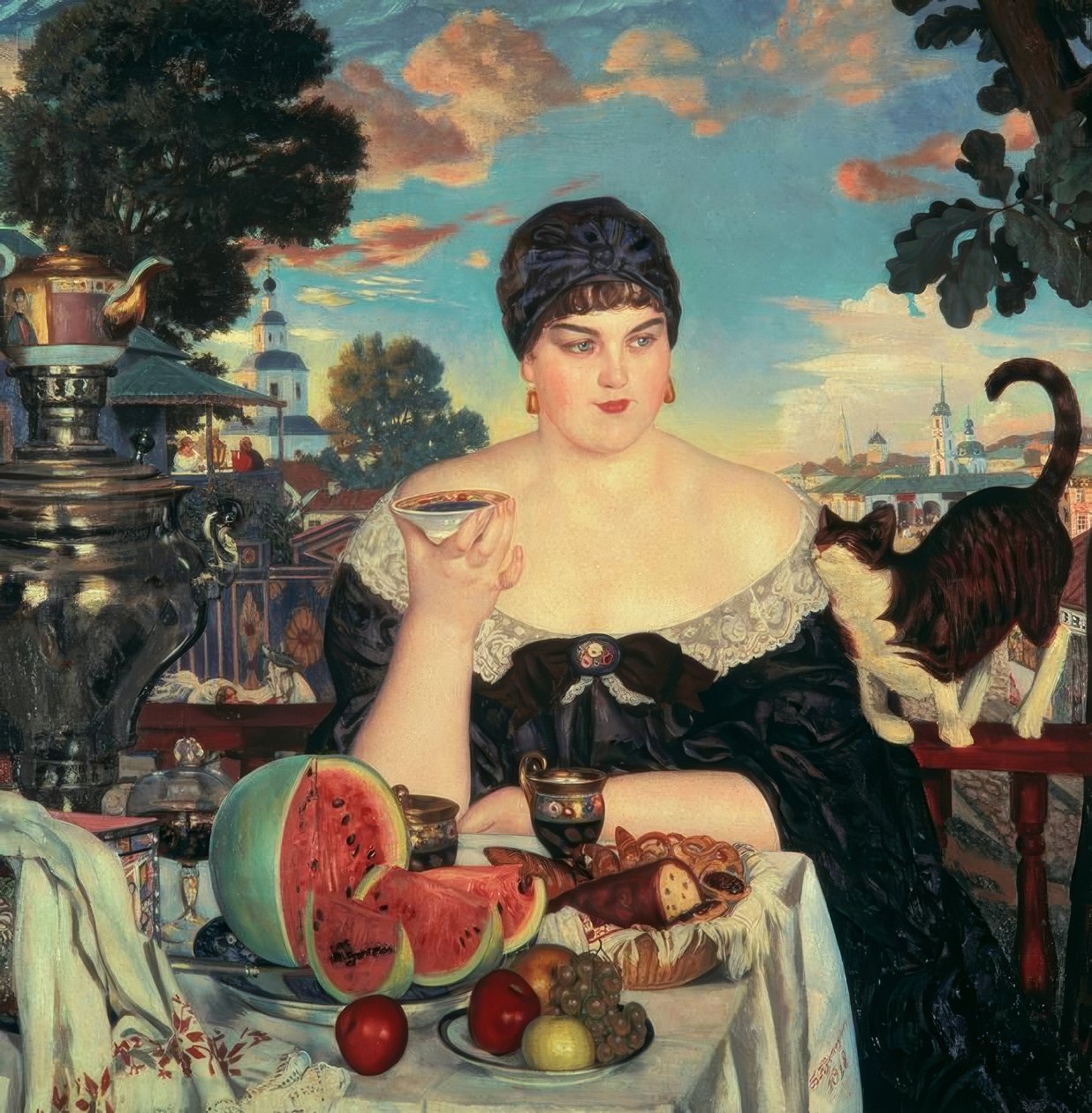 Koopmansvrouw bij de thee door Boris Mikhailovich Kustodiev