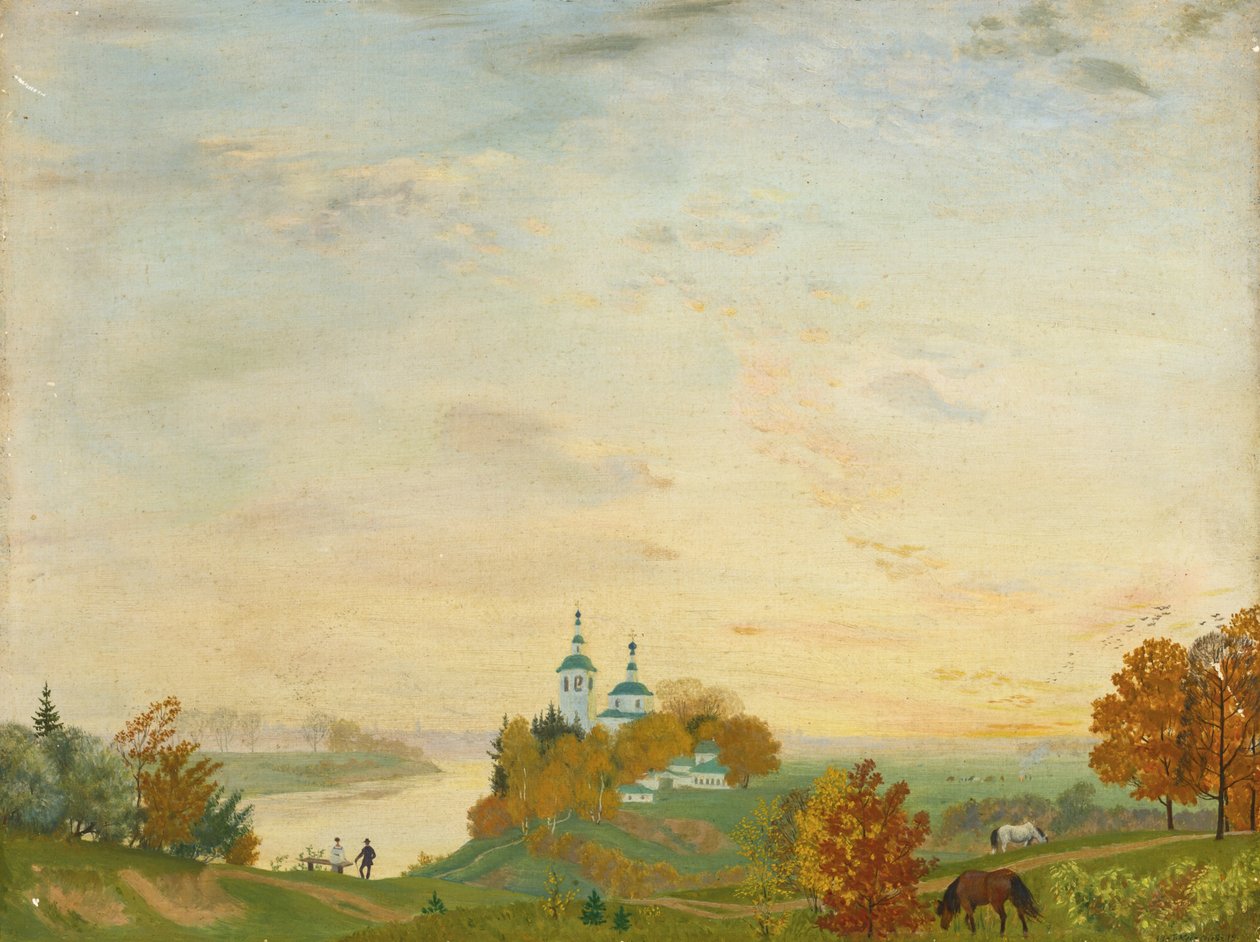 Boven de rivier, Herfst door Boris Mikhailovich Kustodiev