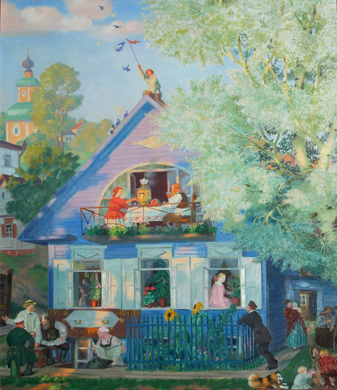 Klein blauw huis, 1920 door Boris Mikhailovich Kustodiev