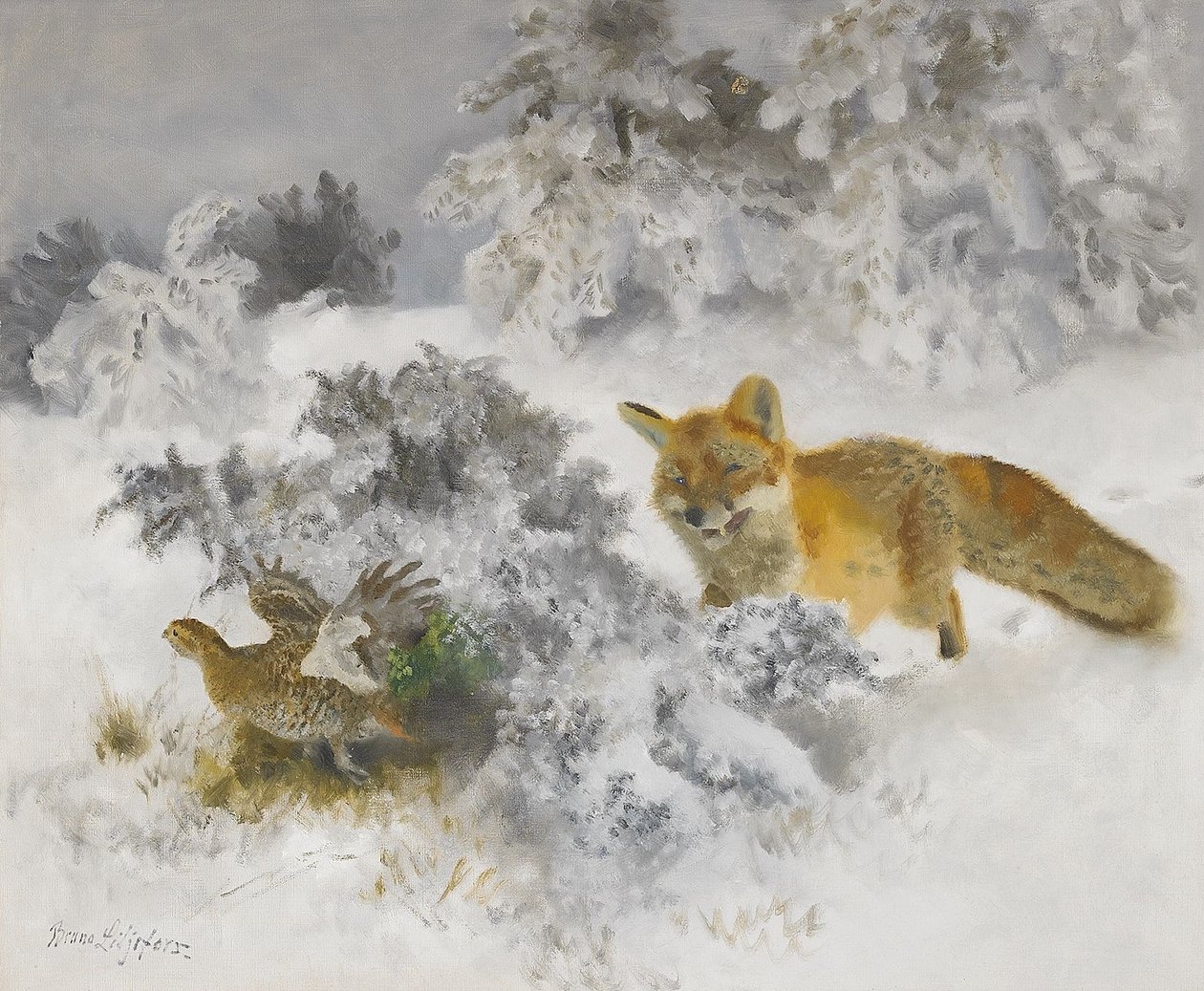 Vos en Korhoen in Winterlandschap door Bruno Andreas Liljefors