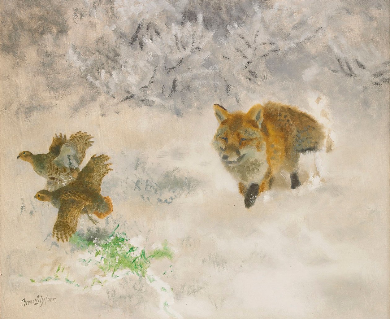 Raaf jaagt op eekhoorns in winterlandschap door Bruno Andreas Liljefors