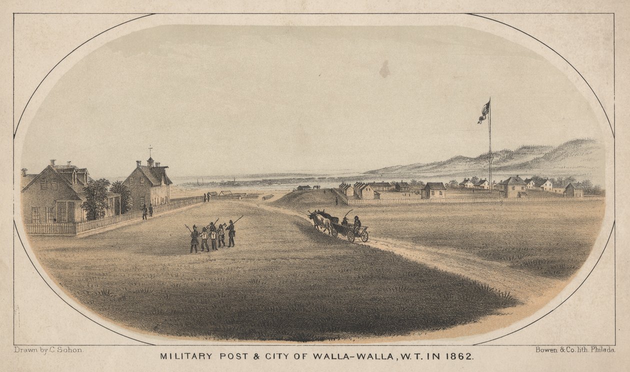 Militaire post & stad Walla-Walla, W.T. in 1862, 1863 door C. Sohon