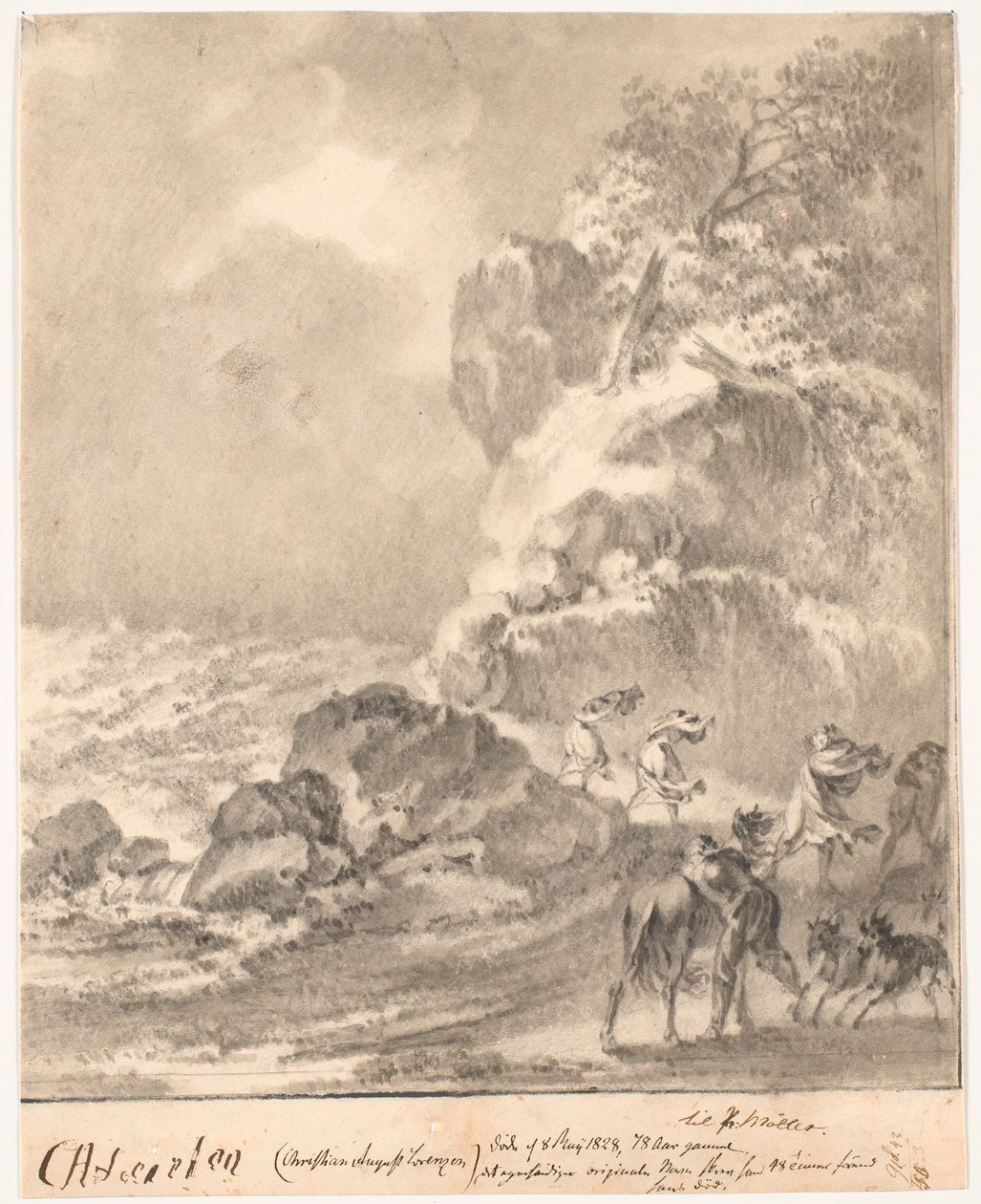 Rotsachtige kust met figuren in storm door C.A. Lorentzen