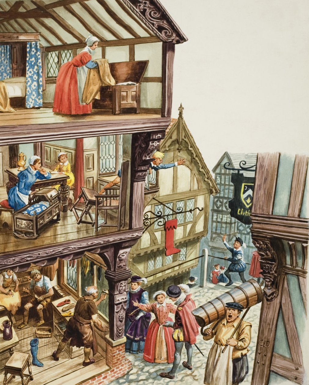 Elizabethaans stadsgezicht (gouache op papier) door C.L. Doughty