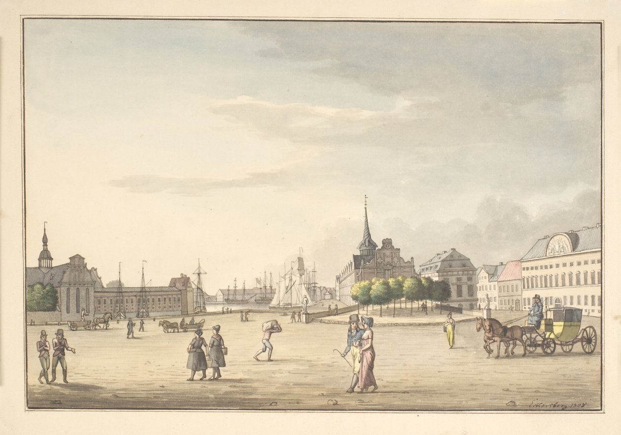 Uitzicht vanaf het Slotplein naar de Beurs en de bank door Christoffer Wilhelm Eckersberg