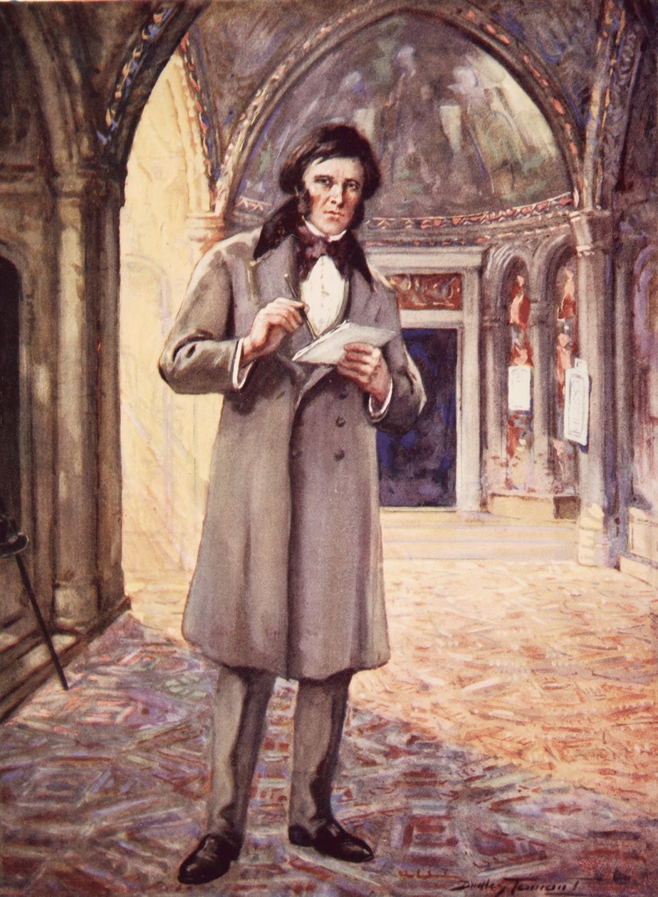 John Ruskin in Venetië (kleur litho) door C. Dudley Tennant