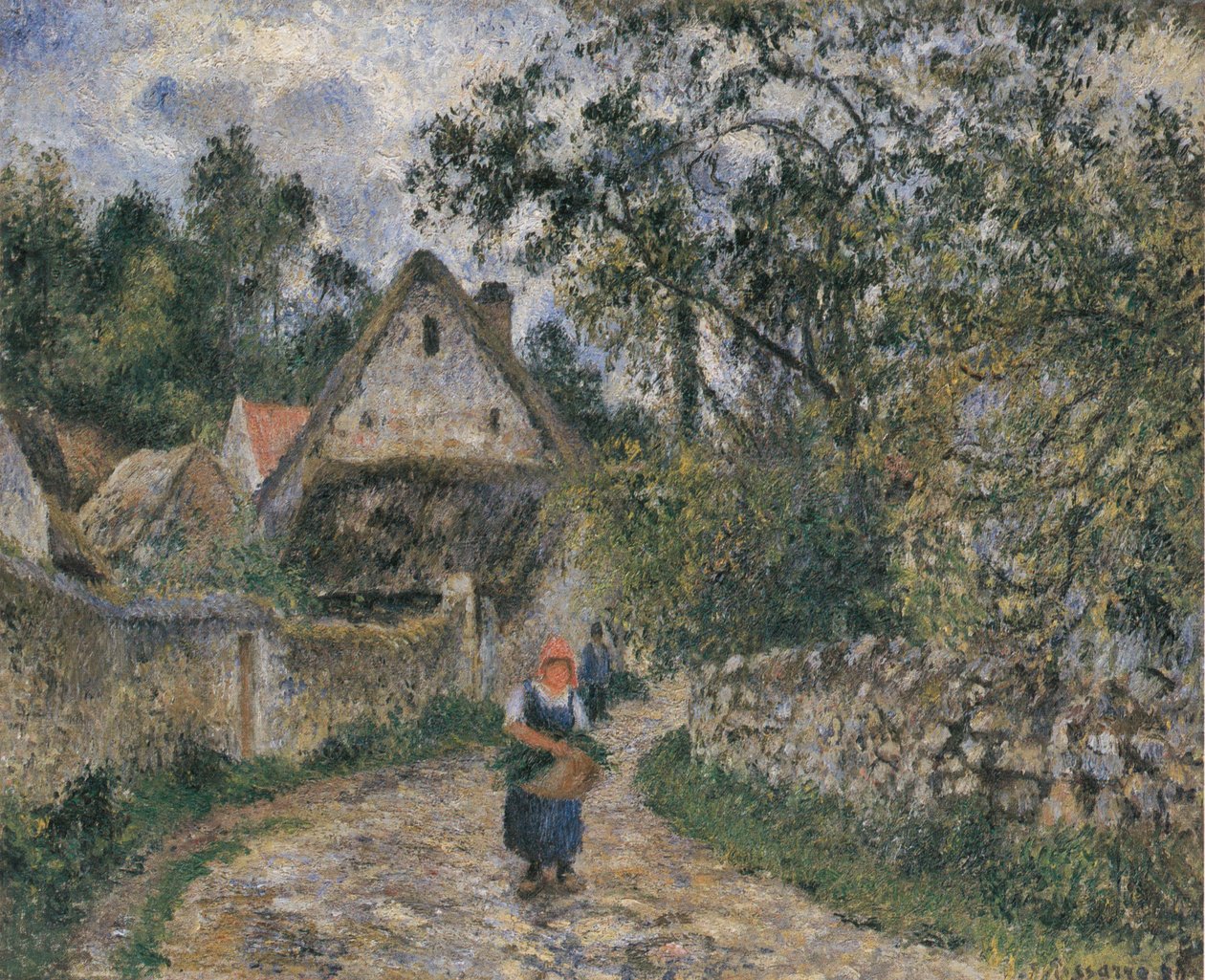 Rietgedekte huisjes in Valhermeil door Camille Jacob Pissarro