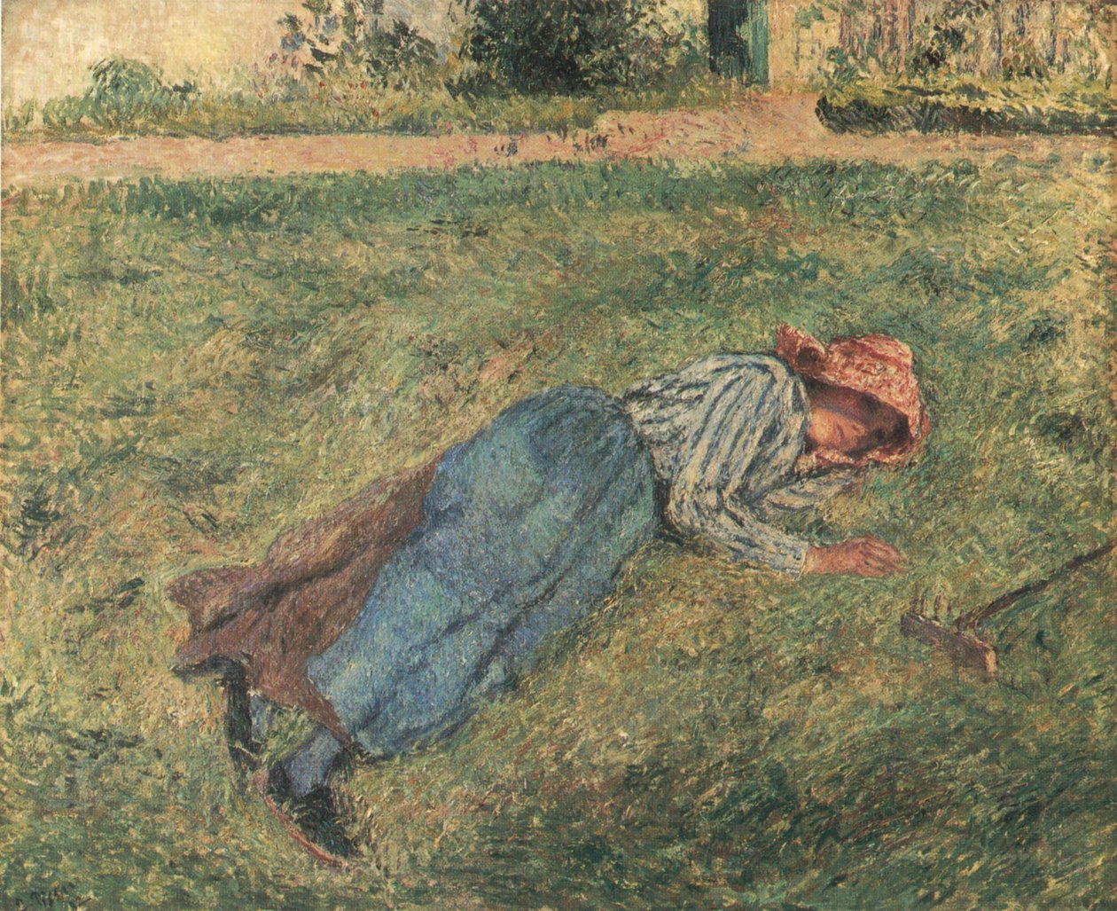 De rust, liggende boerin in het gras, Pontoise door Camille Jacob Pissarro