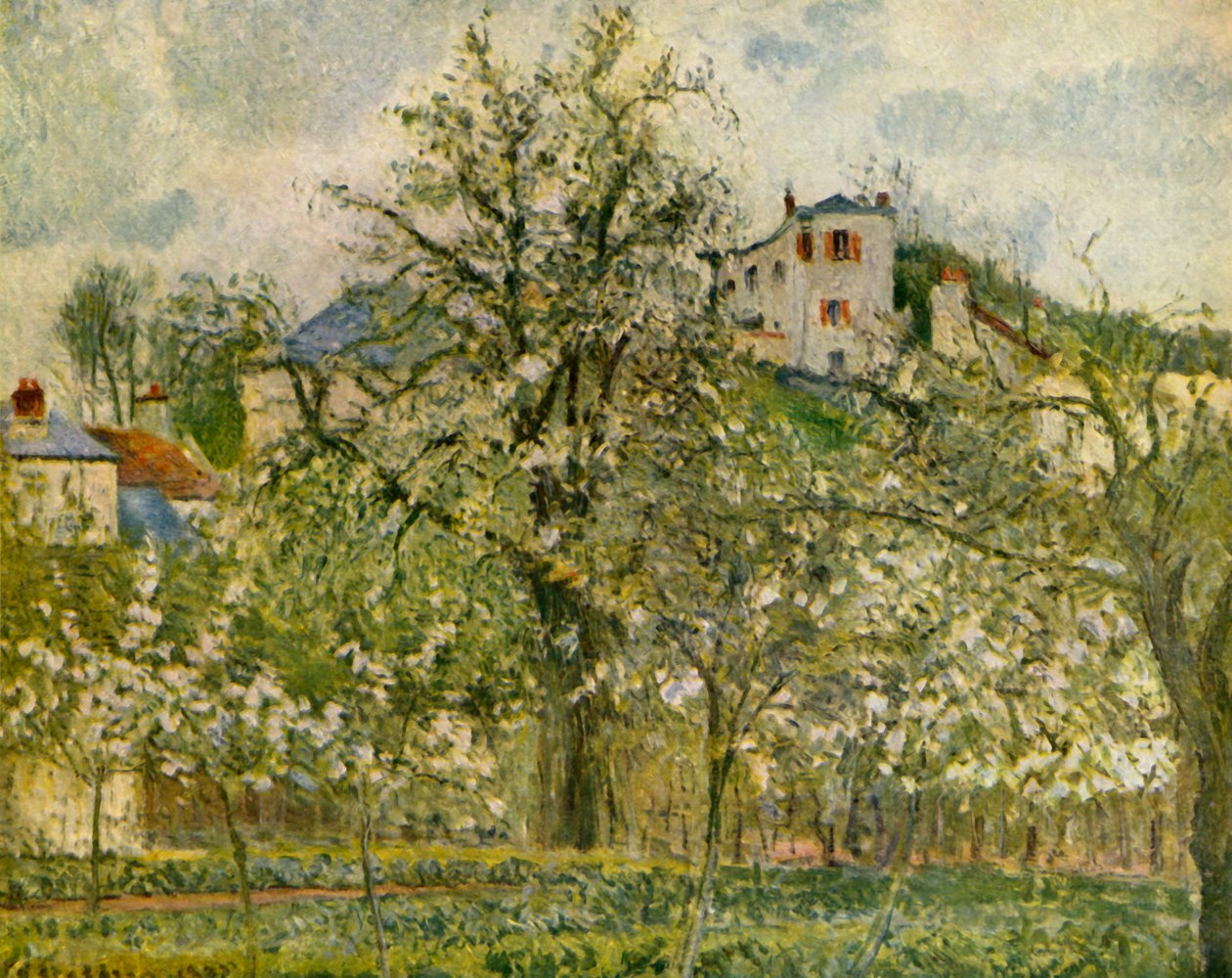 Moestuin met bloeiende fruitbomen, 1877 door Camille Jacob Pissarro