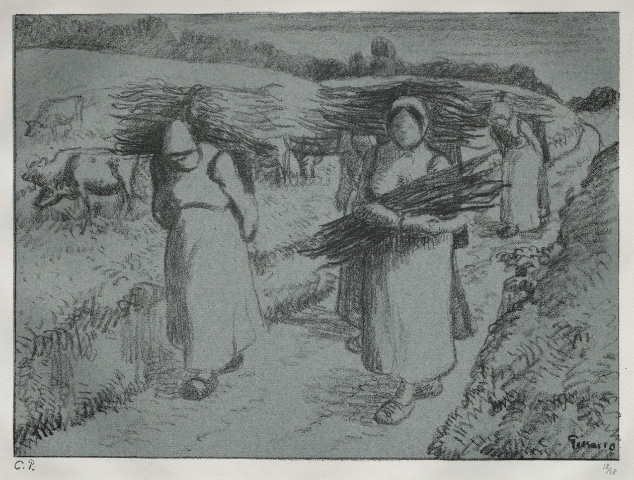 Boeren die Takken Dragen, c. 1896 door Camille Jacob Pissarro