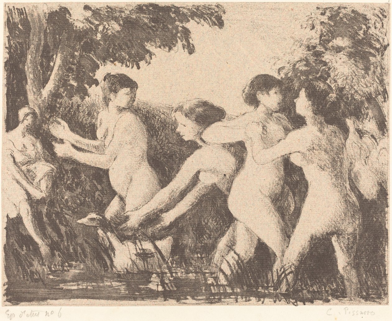 Baigneuses luttant door Camille Pissarro