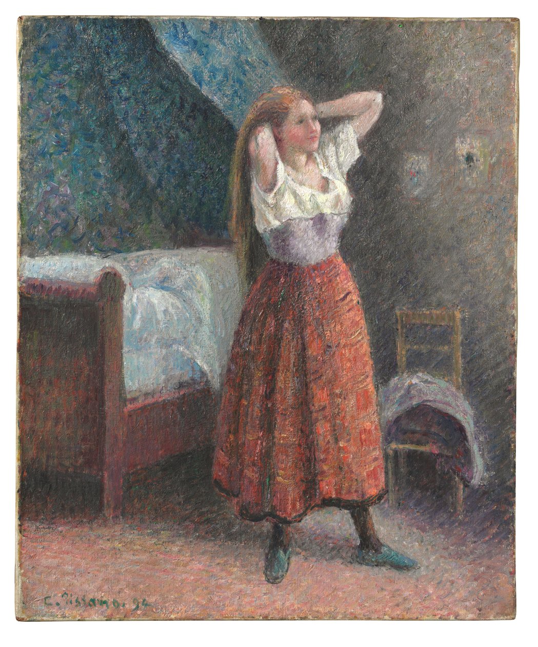 Vrouw die haar haar in model brengt door Camille Pissarro