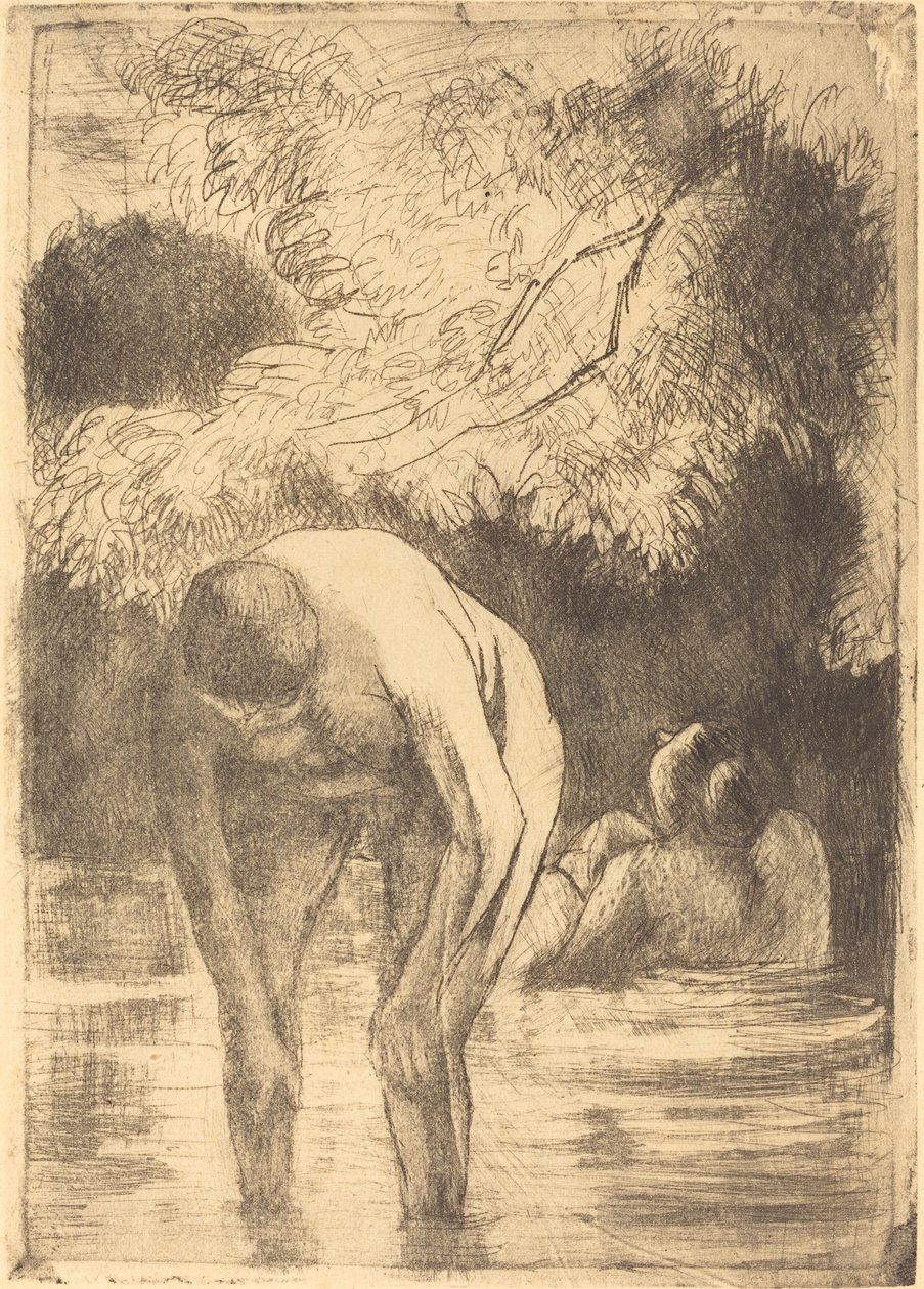 Twee vrouwen baden door Camille Pissarro
