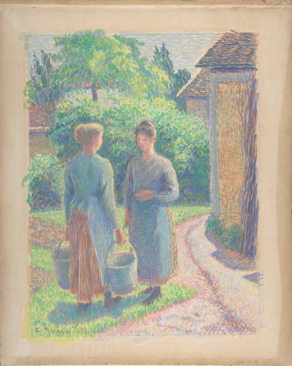 Twee vrouwen in een tuin door Camille Pissarro