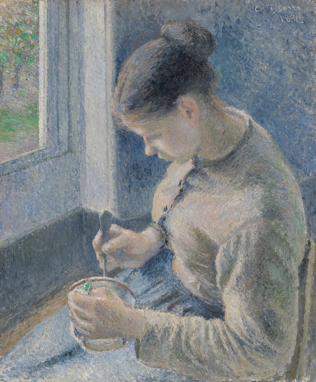 Jonge Boerin Drinkt Haar Koffie door Camille Pissarro