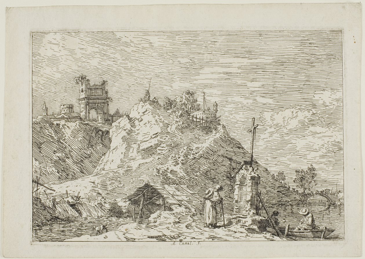 Landschap met de Pelgrim in Gebed, uit Vedute door Canaletto