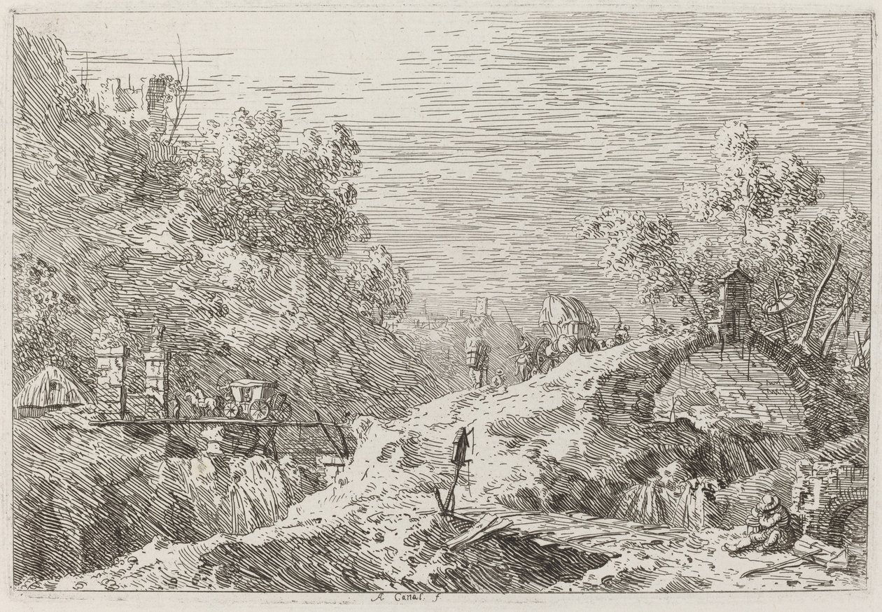 Berglandschap met Vijf Bruggen [rechtsonder] door Canaletto