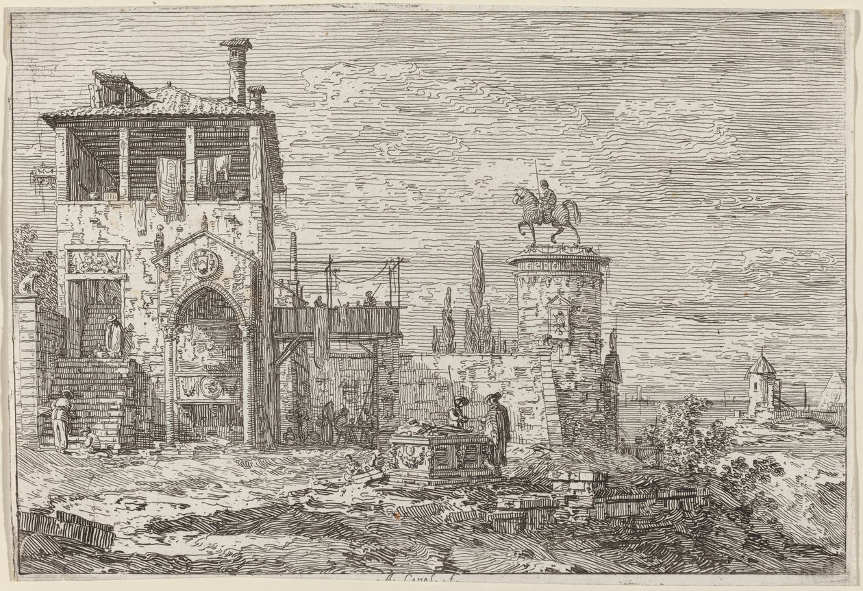 Het Ruitermonument door Canaletto