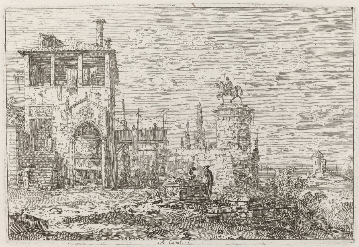 Het ruitermonument [rechtsboven] door Canaletto