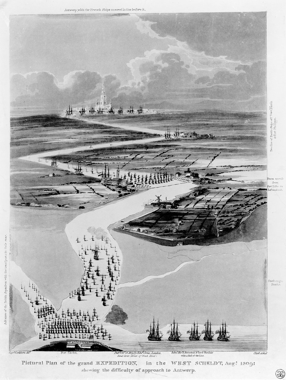 Beeldplan van de Grote Expeditie in de Westerschelde, augustus 1809, dat de Moeilijkheid van de Benadering van Antwerpen toont, geëtst door Clark door Captain Cockburn