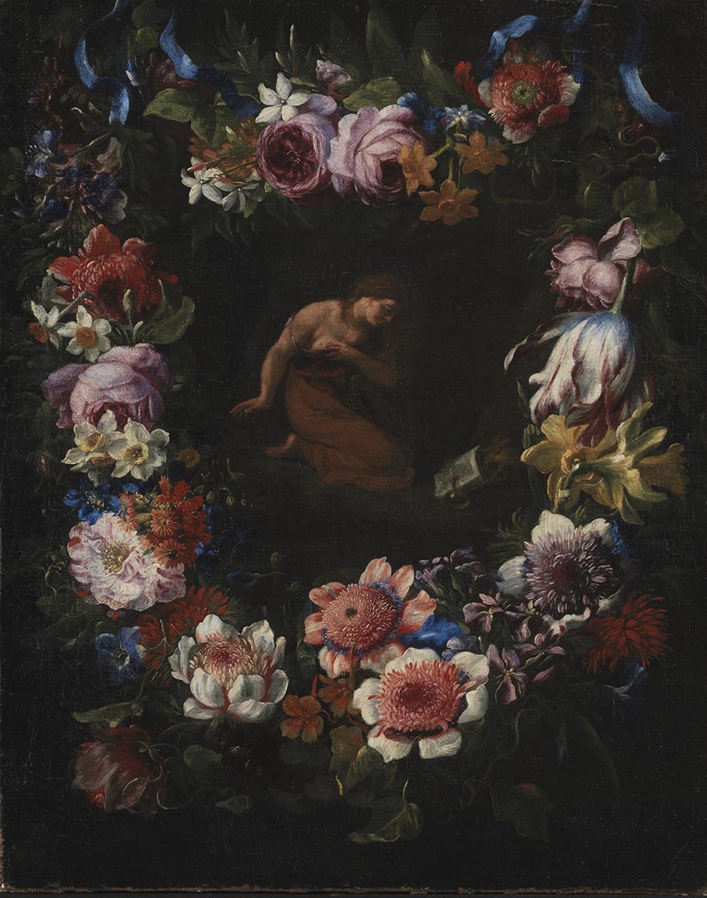 Een bloemenkrans door Carel de Vogelaer