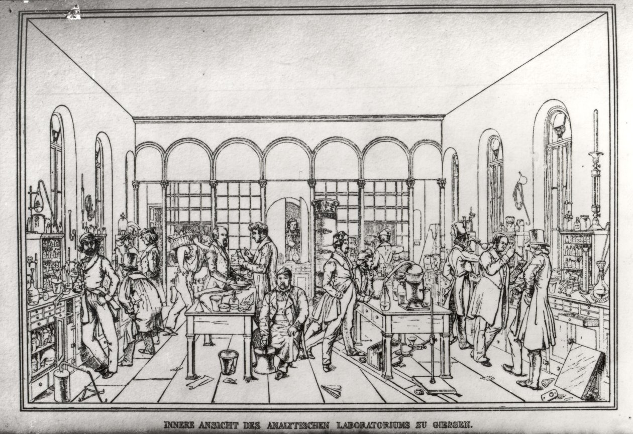 Uitzicht op het chemielaboratorium van Baron Justus von Liebig (1803-73) in Giessen door Carl Friedrich Wilhelm Trautschold