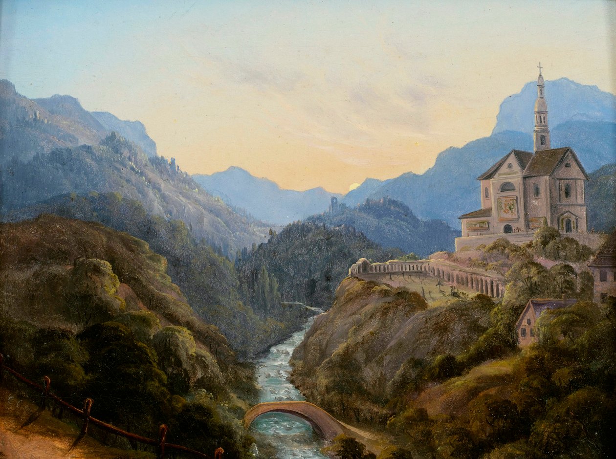 Avondlandschap met rivierdal en kloostercomplex door Carl Gustav Carus