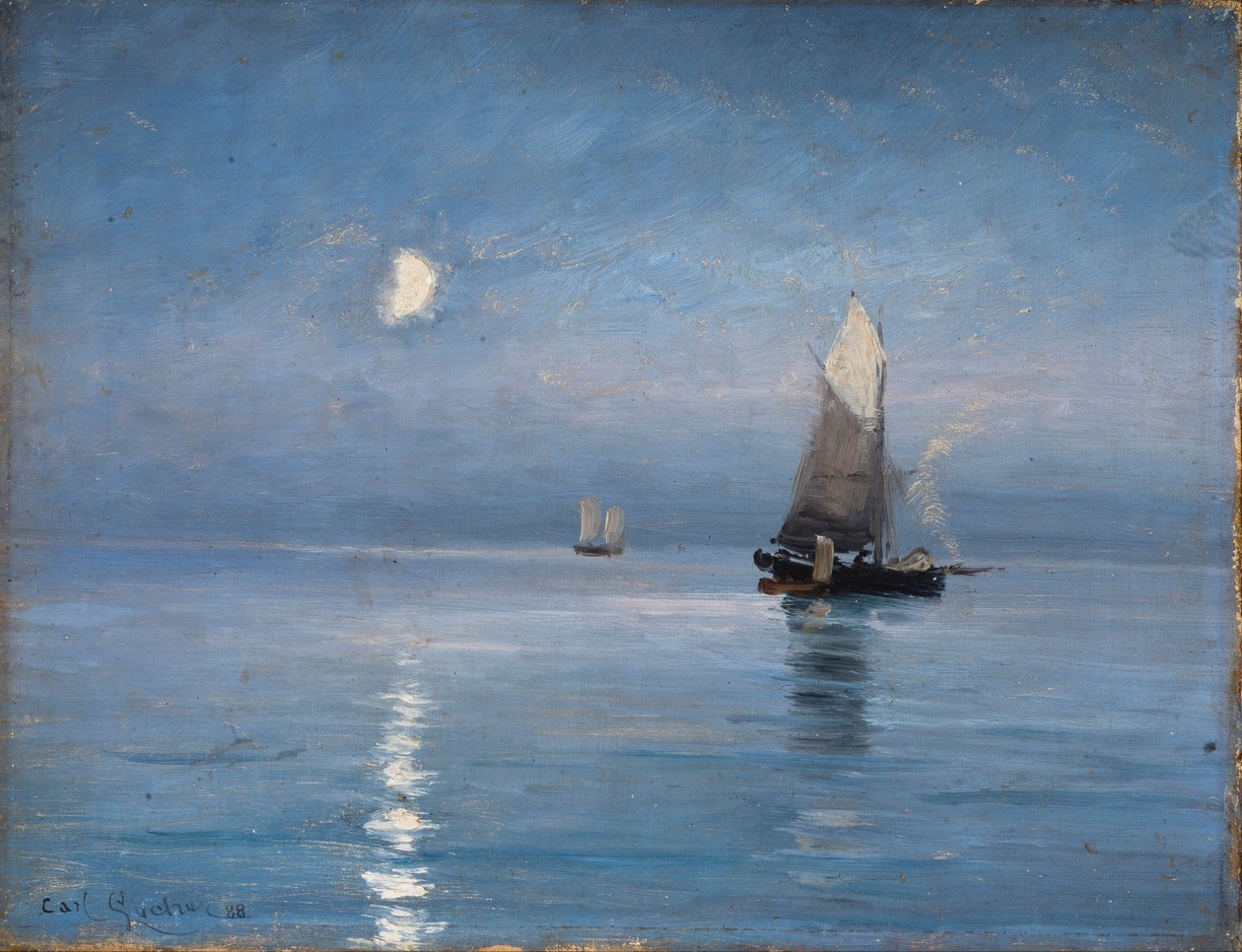 Vissersboten in de maanverlichte nacht door Carl Ludvig Locher