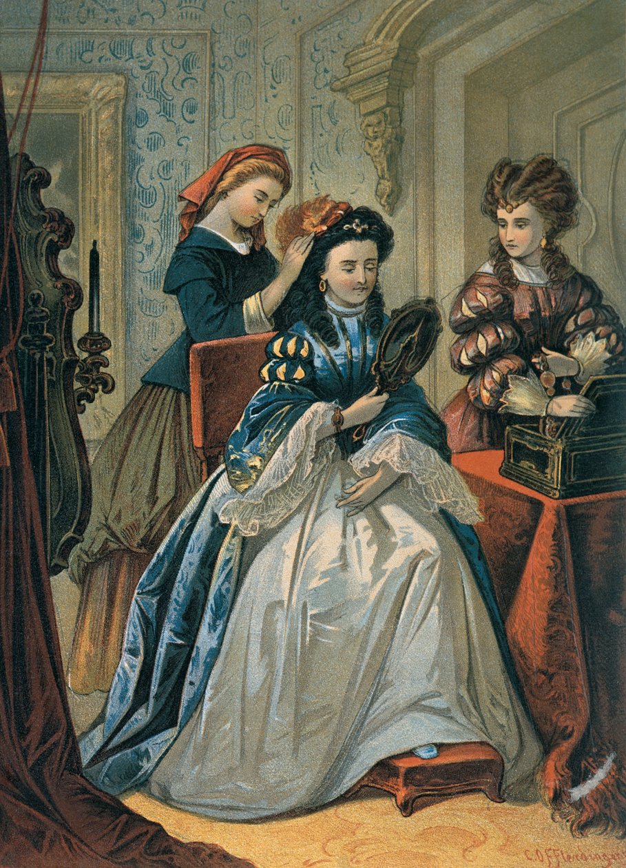 Assepoester doet het Haar van haar Zussen voor het Bal, illustratie voor 