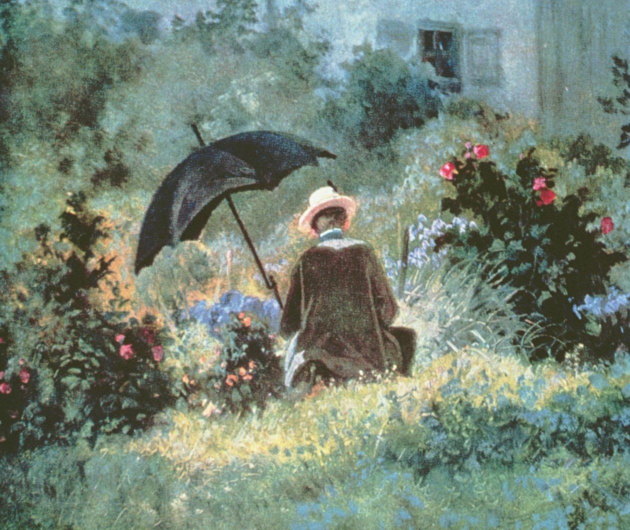 (detail) Een heer die leest in een tuin door Carl Spitzweg