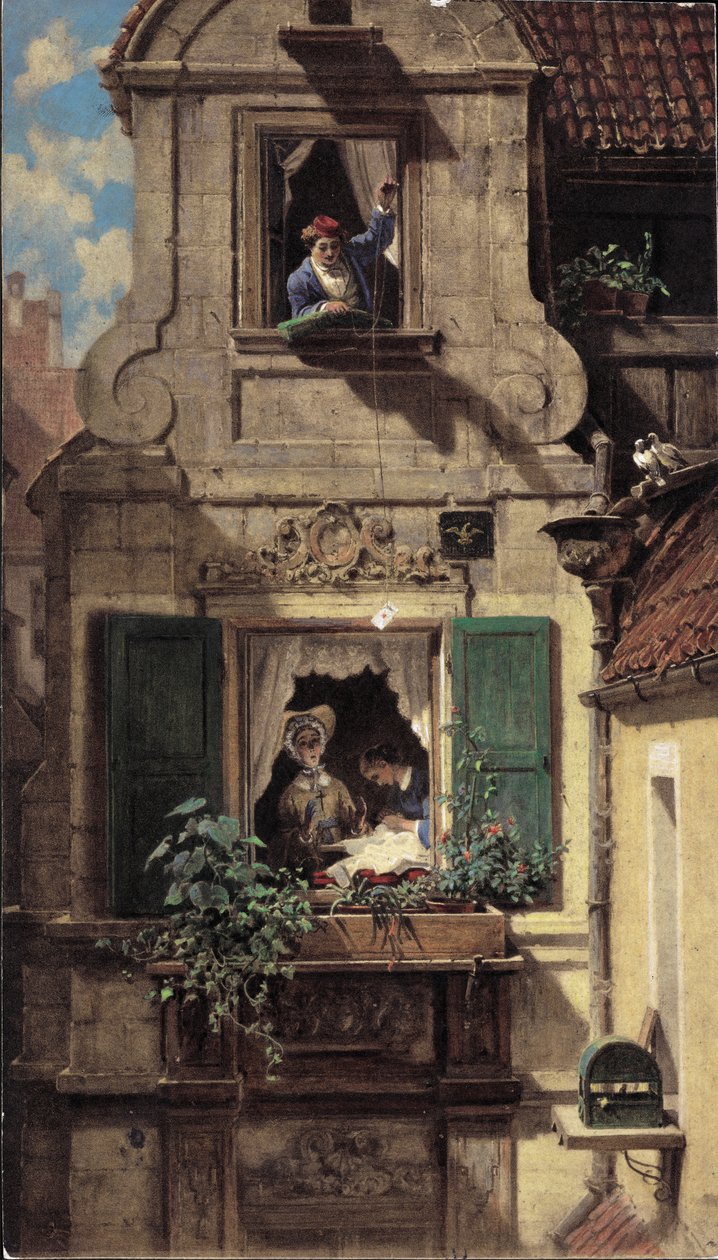 De onderschepte liefdesbrief, ca. 1855-60 door Carl Spitzweg
