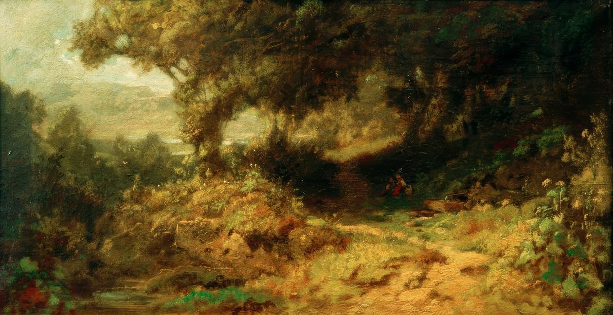 Boslandschap (rustende kinderen bij de fontein) door Carl Spitzweg