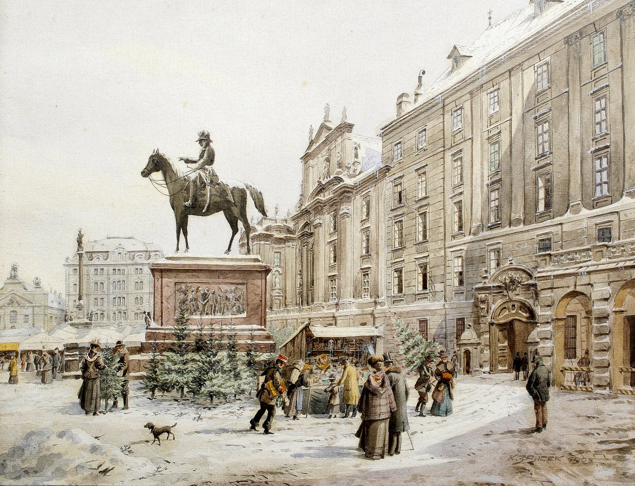 Een kerstmarkt in Am Hof Wenen door Carl Wenzel Zajicek