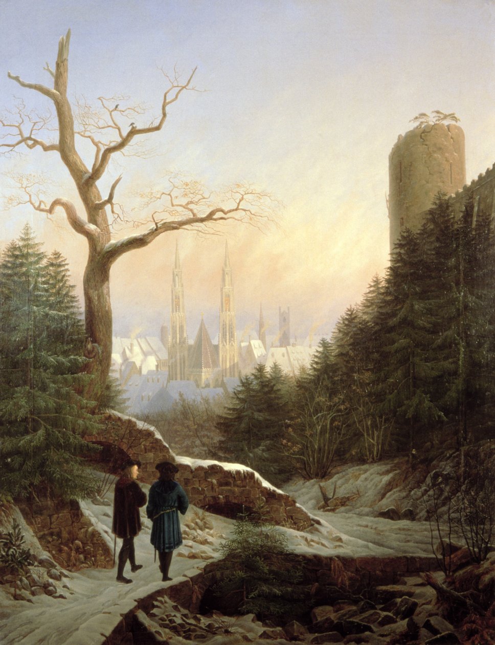 Winterlandschap met gotische kerk, 1821 door Carl Wilhelm Goetzloff