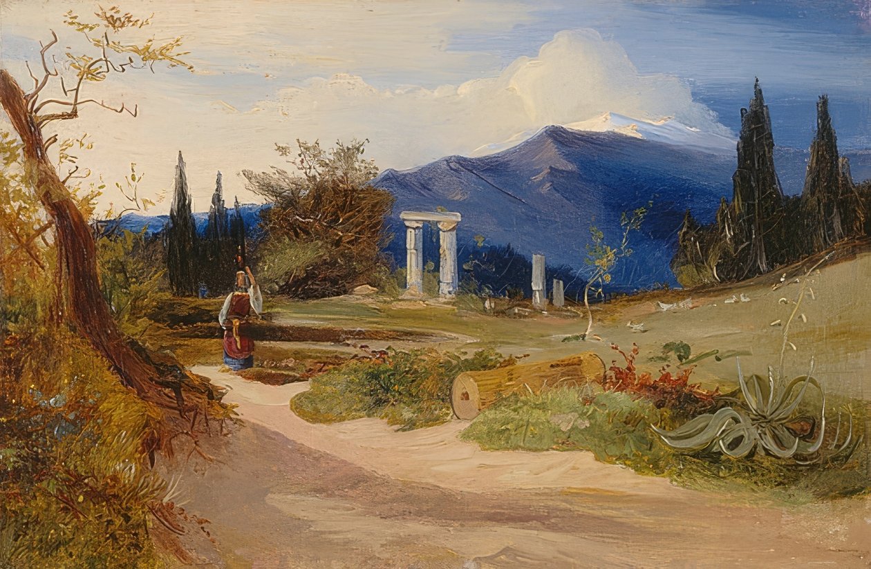 Siciliaans landschap bij avondstemming door Carl Blechen