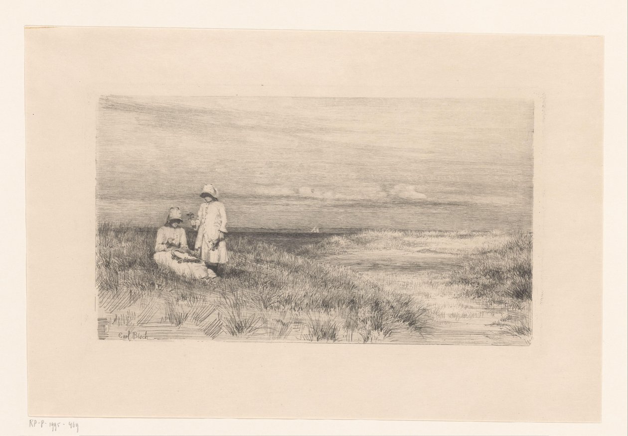 Vrouw en meisje in duinen door Carl Bloch