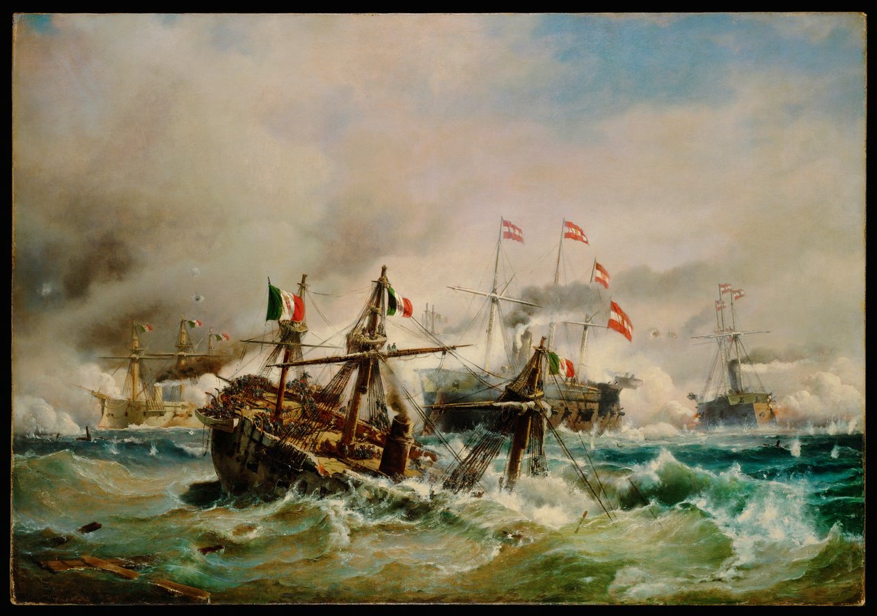 Zeeslag Lissa ... (schilderij op doek) door Carl Frederik Sørensen
