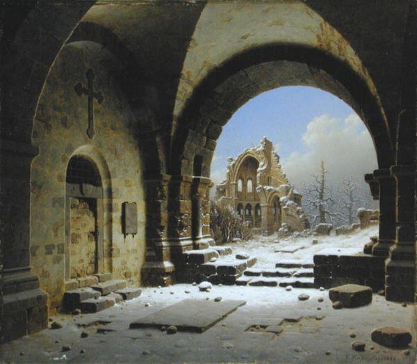 Kloosterruïnes in de winter door Carl Georg Adolph Hasenpflug