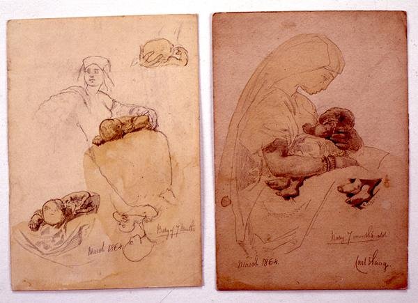 Twee studies van een moeder en kind door Carl Haag