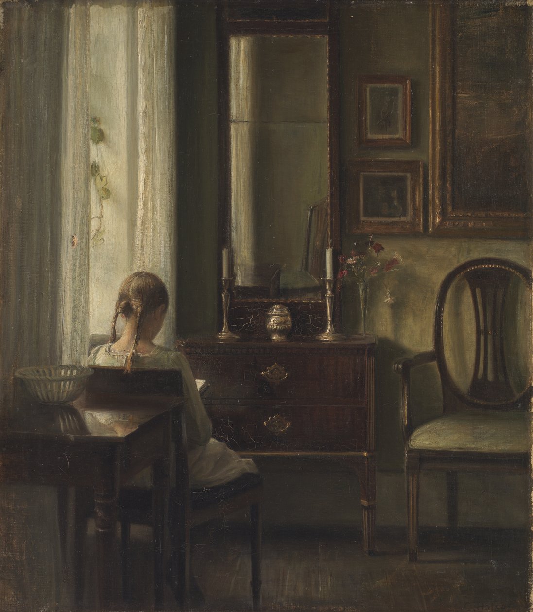 Interieur met een meisje dat leest door Carl Holsoe