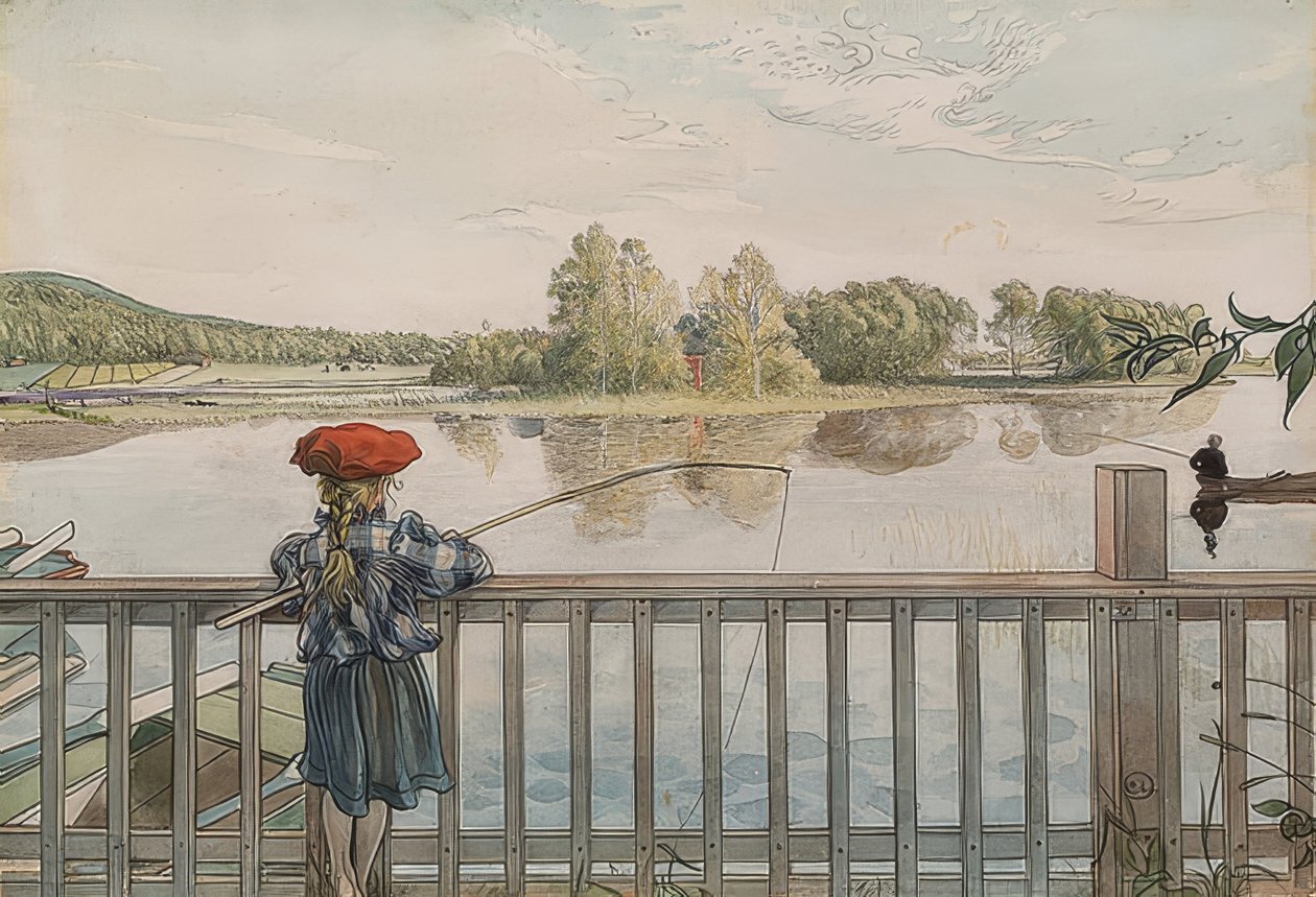 Lisbeth aan het vissen. Omstreeks 1895 door Carl Larsson