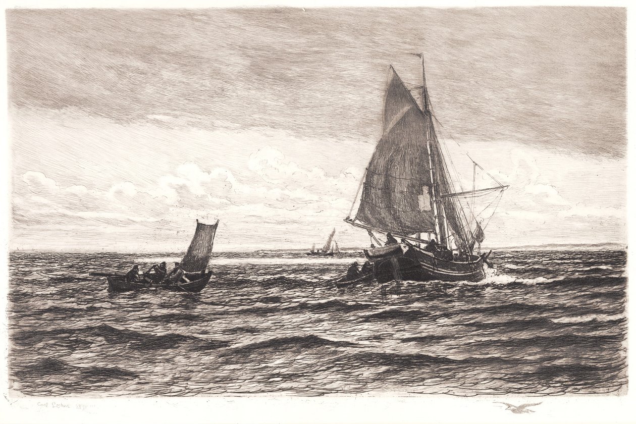 Vissersboot en roeiboten door Carl Locher
