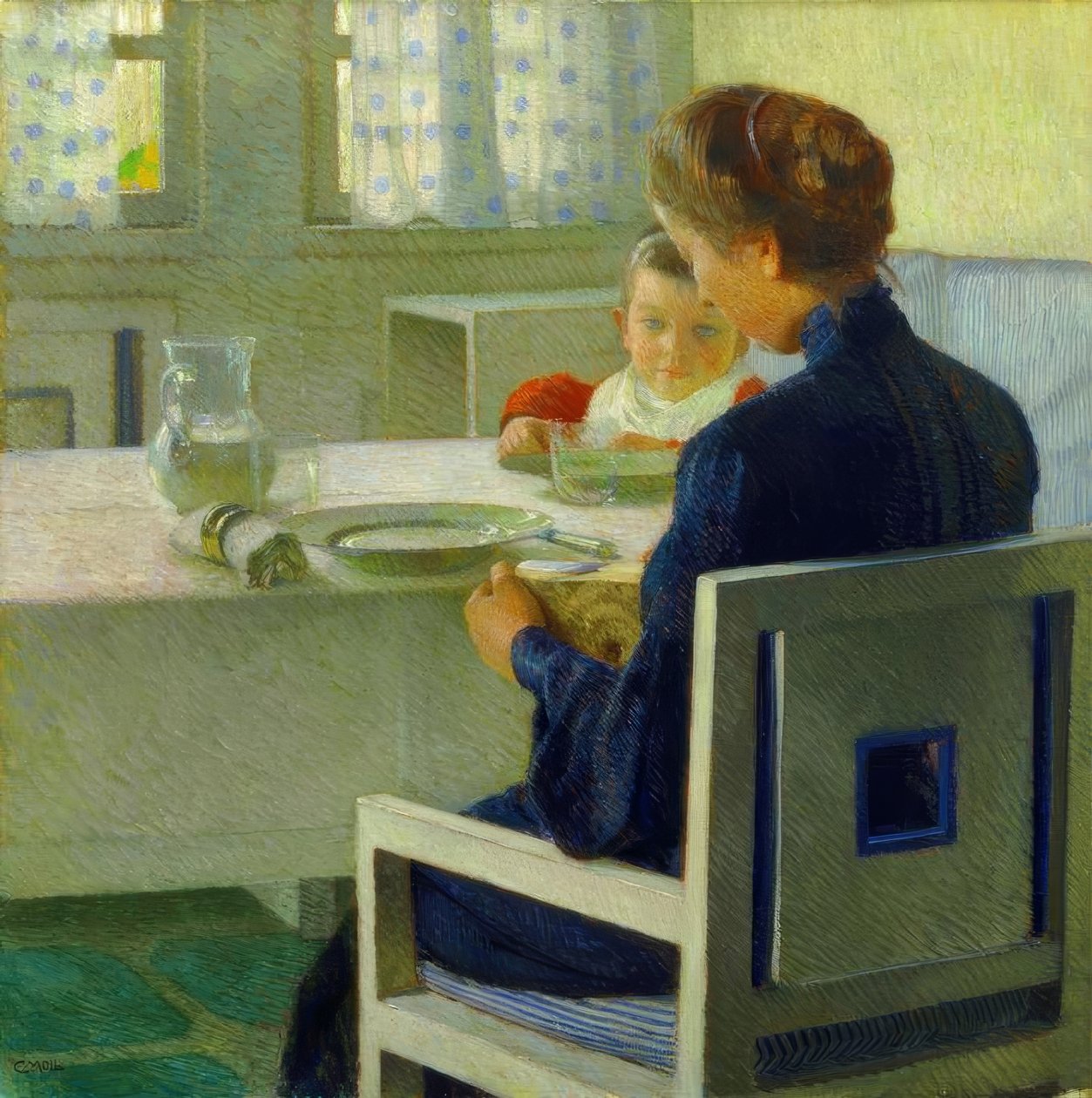 Moeder en kind aan tafel door Carl Moll