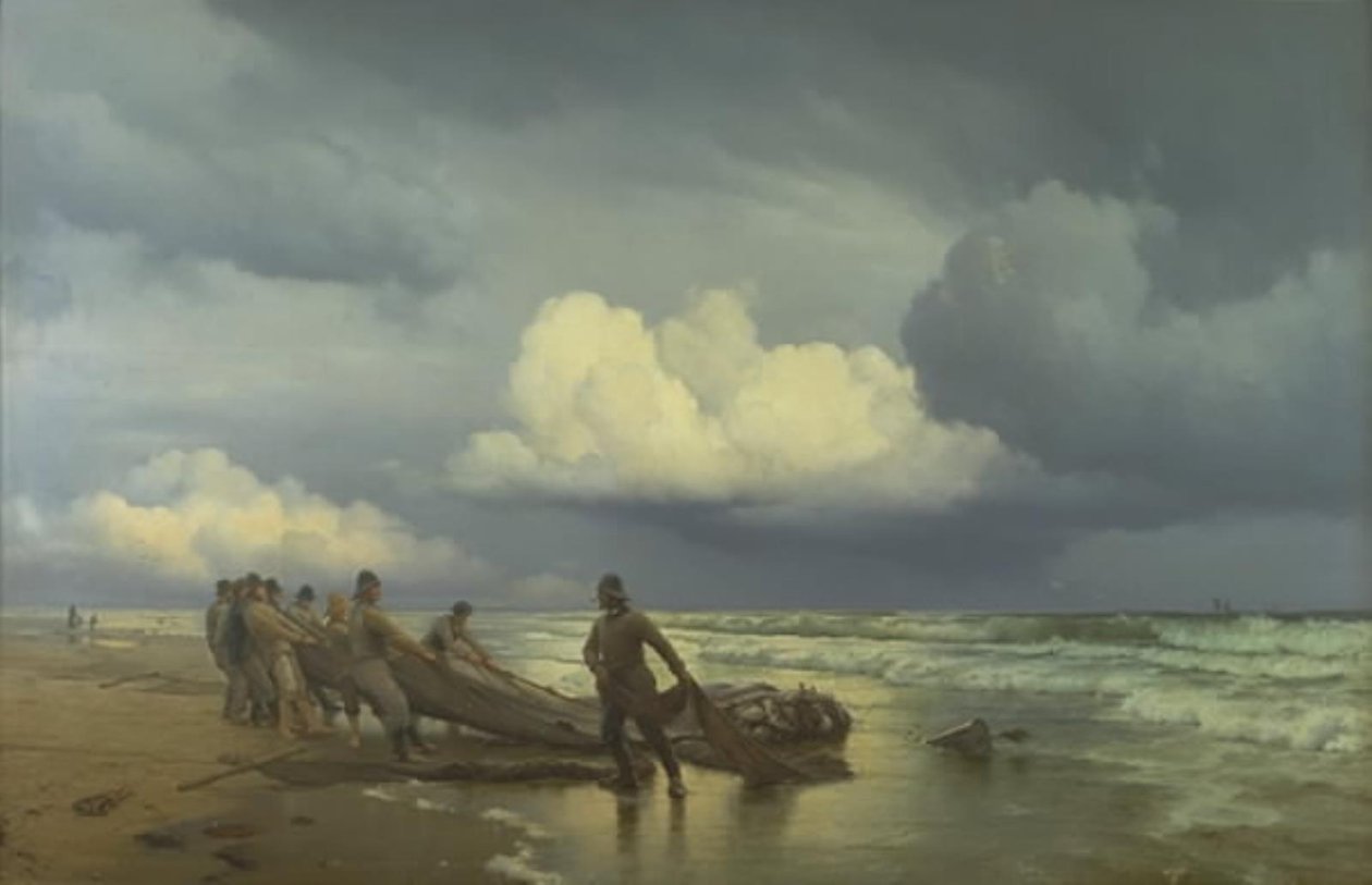 Vissers trekken netten op Skagen Noordstrand door Carl Neumann
