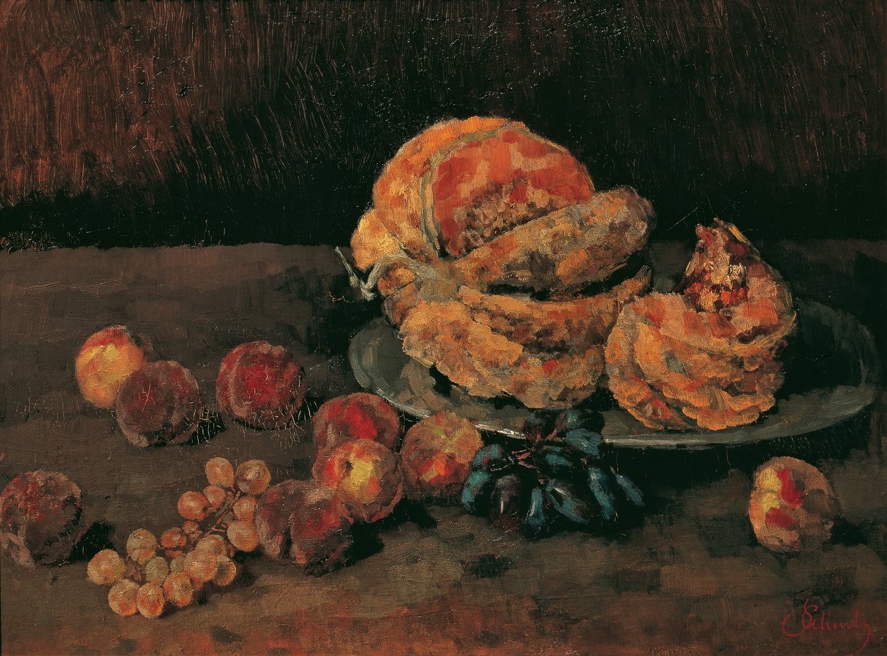Stilleven met Pompoen, Perzik en Druiven door Carl Schuch