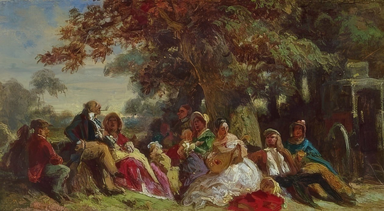 Acteursgezelschap in de open lucht door Carl Spitzweg
