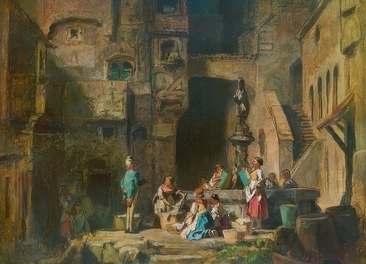 Wasvrouwen bij de fontein. Om 1882 door Carl Spitzweg