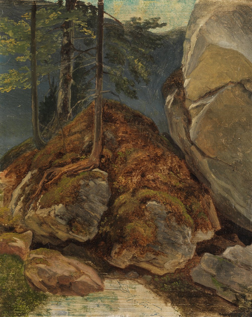 Oliestudie met met mos begroeide rots door Carl Spitzweg